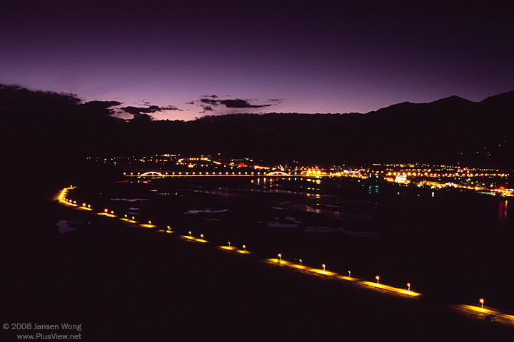 Street lights of Sichuan-Tibet Highway & Liuwu Bridge turned on after sunset, Lhasa