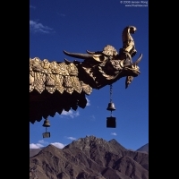 Gilded Makara acroteria on roof of Jokhang with Bumpa Ri holy peak in background
